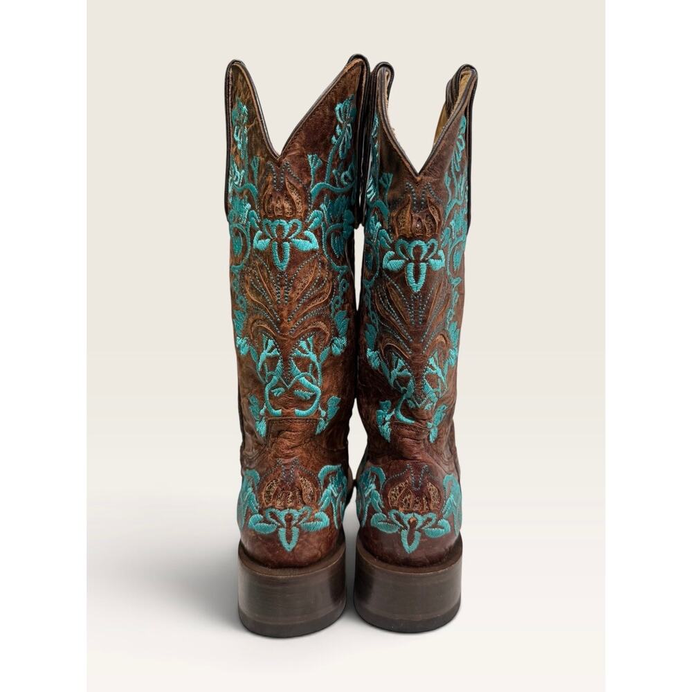 Cavender’s Women’s Brown Leather Turquoise Floral Embroidered Cowboy Boots 8M - Picture 12 of 12